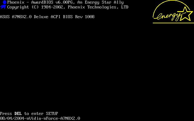 Asus A7N8X Deluxe Boot process with P.O.S.T. and system configuration table. Screenshot by: Borg Number One